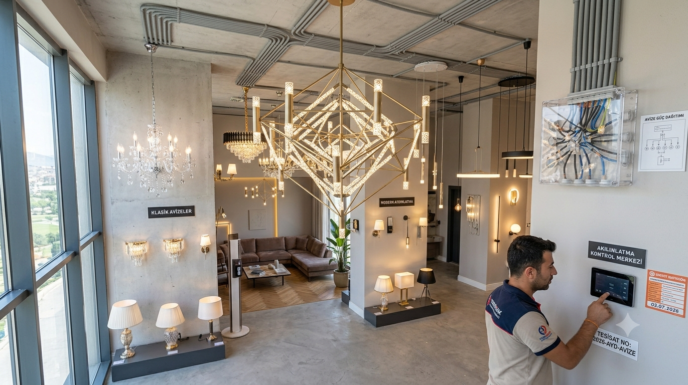 Aydınlatma ve avize showroomunda LED kontrol paneli ve modern armatür seçenekleri