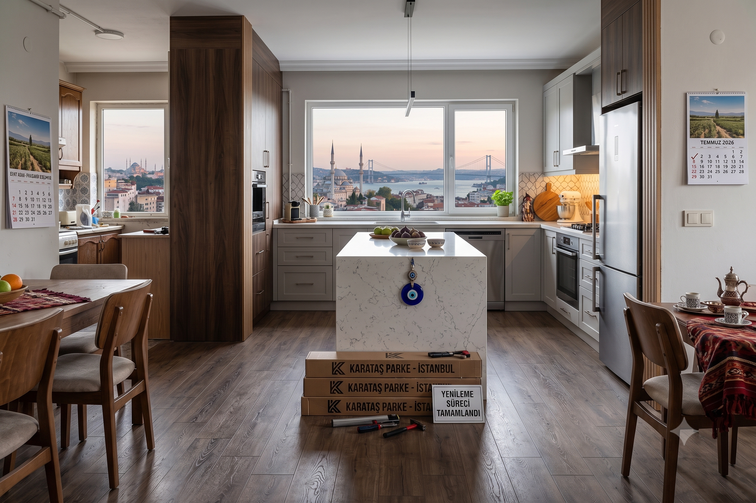 Boğaziçi manzaralı mutfakta tamamlanmış Karataş Parke ölçüye özel mutfak dolabı ve mermer ada