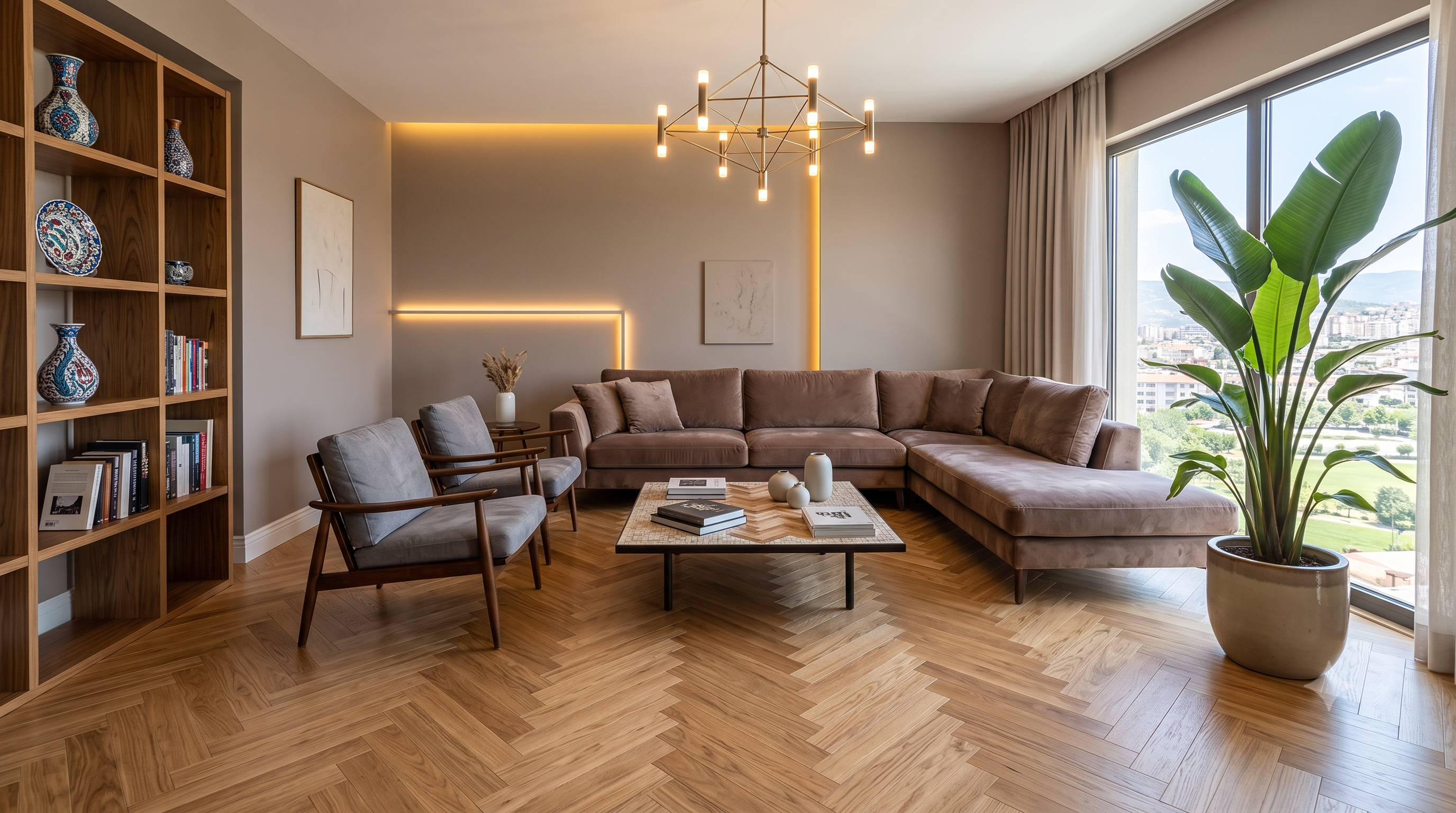 İstanbul'da balık sırtı desenli parke döşenmiş modern salon